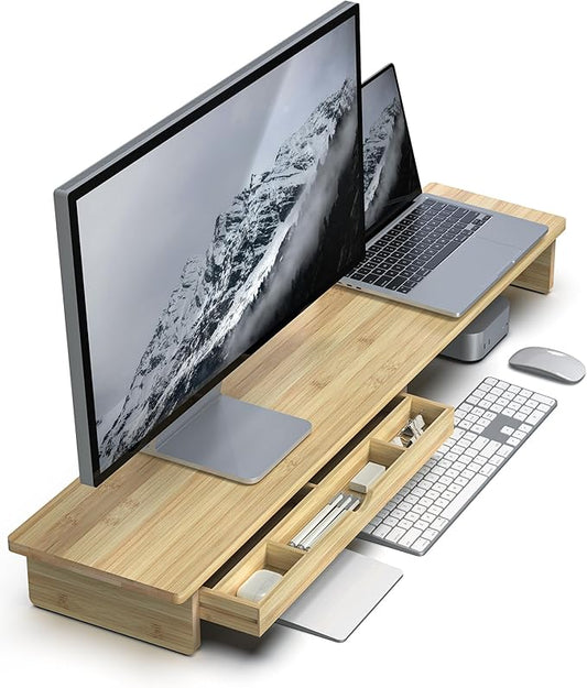 Bamboo Monitor Stand with Large Storage Drawer, 42 Inch Ergonomic Computer Riser for Desk, Screen Shelf with 5 Compartments for Keyboard & Stationery Organization Keyboard Storage