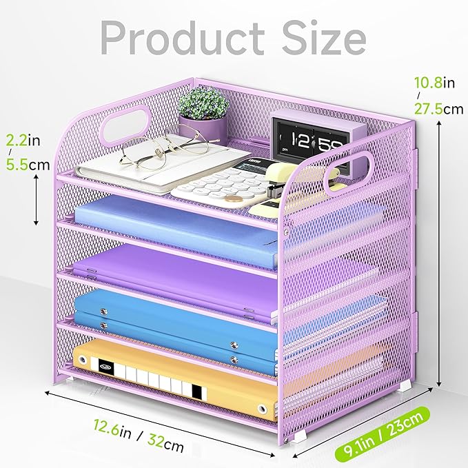 Cawukege 2 Pack 5 Tier Paper Organizer, Letter Tray with Handle, Mesh Desk Organizer, Metal File Organizer, Office Desk Accessories for Home, Office, Classroom, School -Purple