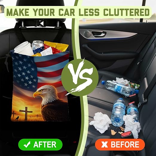 Cross American Flag Car Trash Bag Eagle Waterproof Car Trash Bag Hanging Leakproof Car Garbage Bag Washable Reusable Trash Bag For Car Interior Hanging Organizer Storage Vehicle Travelling Camping