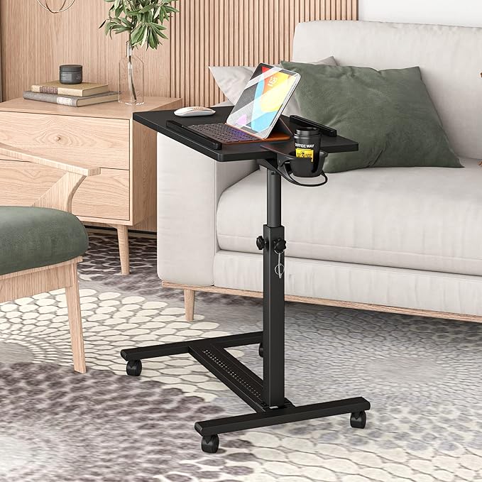 Panta Height Adjustable Rolling Laptop Stand, Overbed Table with 2 Tilting Desktops, Mobile Laptop Table for Couch with Cup Holder, Mobile Computer Workstation for Office, Home and Hospital