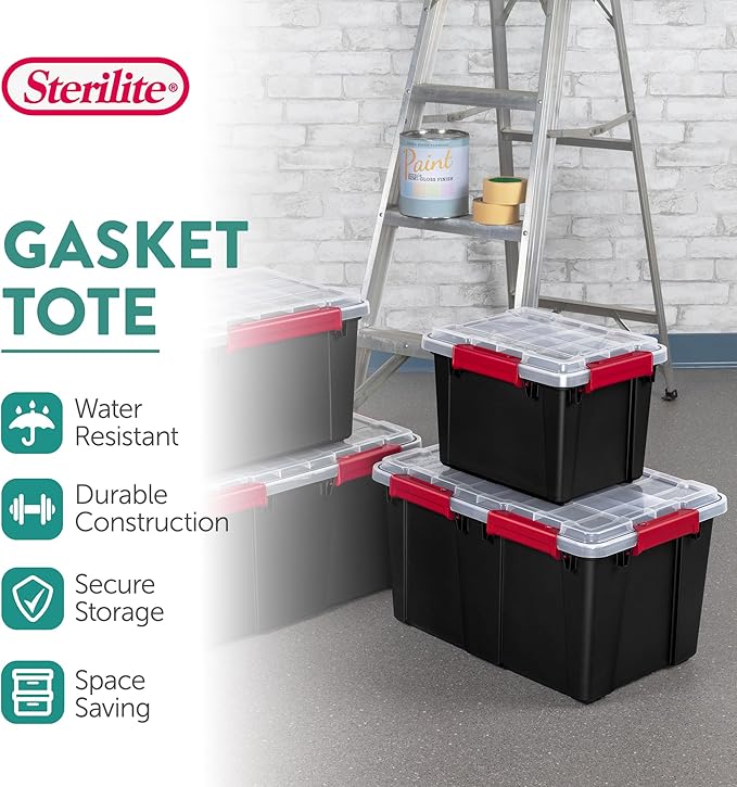 Sterilite 6 Pack 5 Gallon Gasket Box, Stackable Plastic Storage Container with Lids, Black - Waterproof and Dustproof Tote for Home Organization