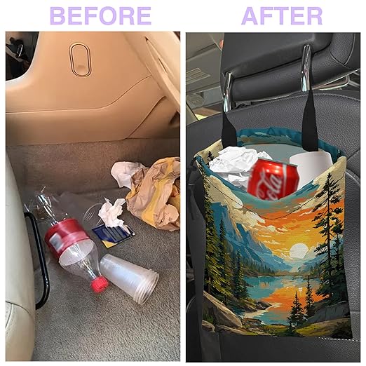 Car Trash Bag Hanging Sunrise Forest Mountain Lake Car Trash Can for Back Seat Waterproof Car Trash Bin with Adjustable Straps and Drawstring for Car Accessories Vehicle Travelling Camping