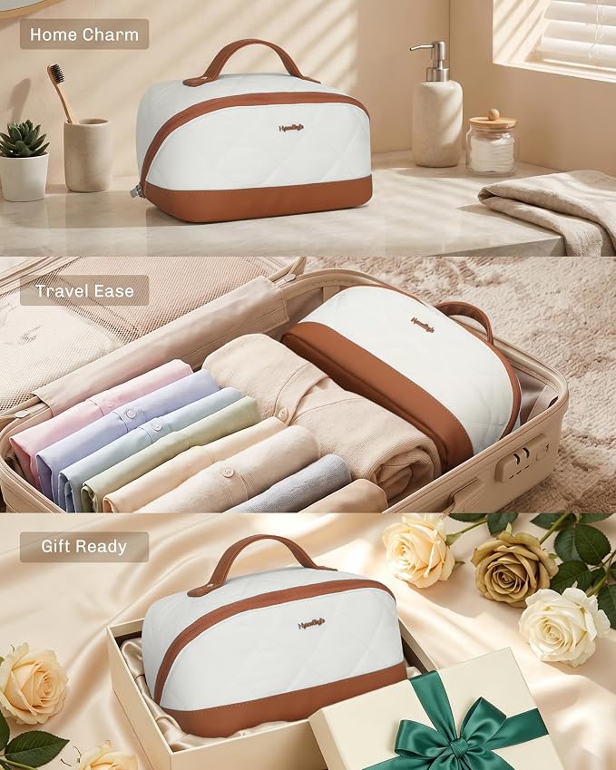 Hynes Eagle Travel Makeup Bag for Women Puffy Cosmetic Organizer Pouch Open Flat Toiletry Bag for Toiletries Brushes Structured Base White