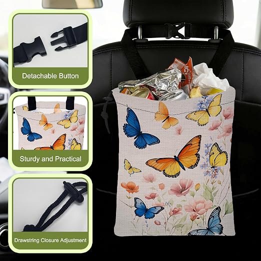 Car Trash Bag Vintage Butterflies and Flowers Leak-Proof Waterproof Car Garbage Bag with Drawstring Foldable Canvas Trash Bin with Adjustable Buckle for Car Accessories
