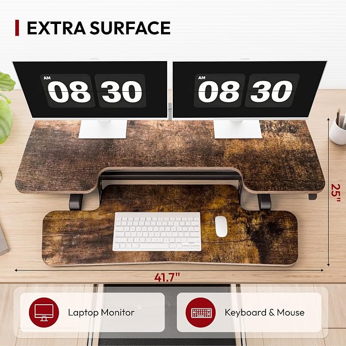 SANODESK 42" Extra Large Standing Desk Converter, Effortless Lift Sit-Stand Riser, Heavy Duty Multi-Device Workstation, Spacious Ergonomic Desktop Riser, Rustic Brown