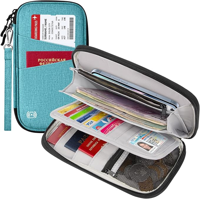 BKNOOU Family Passport Holder RFID Blocking Travel Document Organizer | Large Capacity (5 passports+13 cards), RFID Blocking, Air Travel Essentials, Detachable Wrist Strap and Shoulder Strap