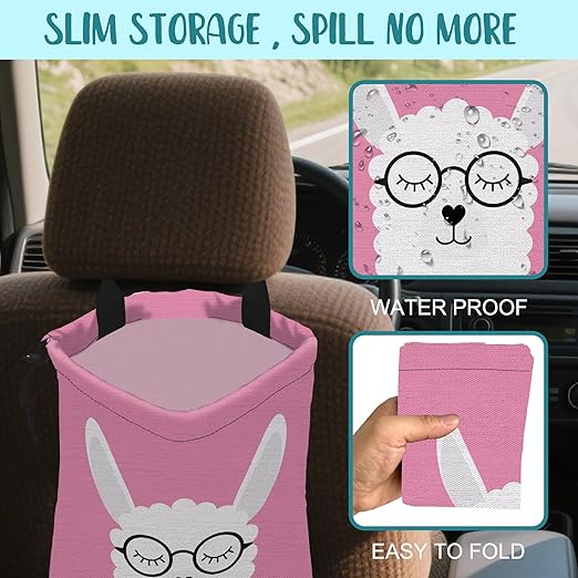 Car Garbage Bag Cute White Alpaca in Glasses Drawstring Car Trash Bag Hanging for Back Seat with Adjustable Buckle Canvas Vehicle Trash Can Easy-to-Install