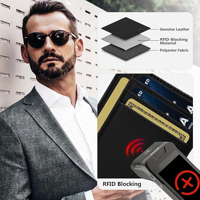 Travelambo 100% Genuine Leather Wallet for Men and Women, Slim Minimalist RFID Blocking Front Pocket Credit Card Holder with Gift Box