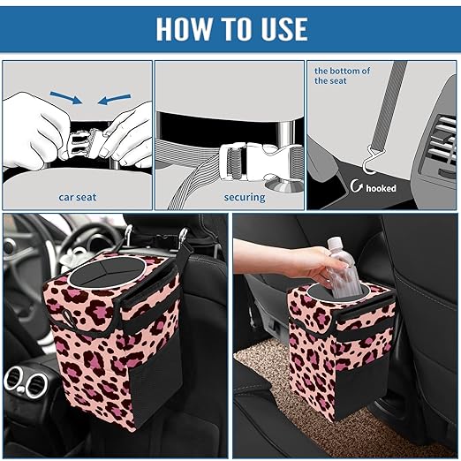 Car Trash Can Leopard Pink and Black Print Wate-rproof Auto Garbage Bag Car Trash Can with Lid Leak-Proof Car Storage Bag Hanging for Headrest Collapsible and Portable with Storage Mesh Pocket