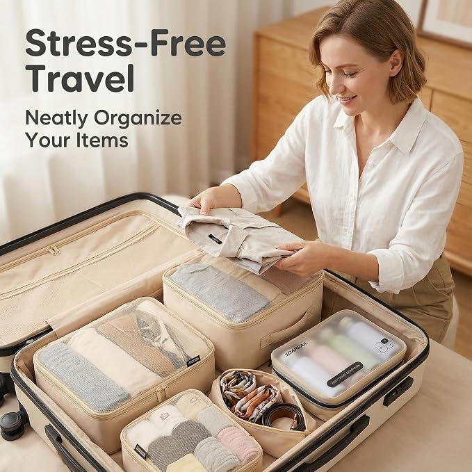 6 Set Compression Packing Cubes for 7–14 Day Travel, Mist Khaki | Nylon Oxford Fabric, Full Breathable Mesh, Reinforced Double-Zipper, Small to Large Size Bag, Expandable Packing System