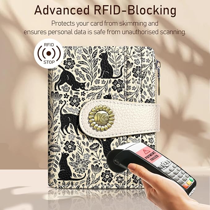 Kelvoris Black Cats Small Rfid Women Wallet Bifold Zipper Coin Pocket PU Leather Compact Cash Credit Card Holder Travel Wallet for Female Ladies Teen Girls 1 ID Window 10 Card Slots