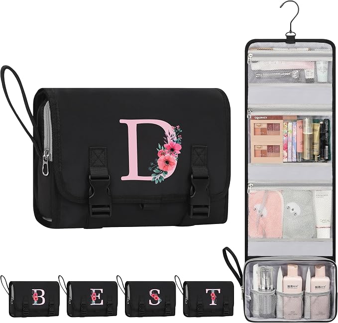 Relavel Hanging Toiletry Bag for Teen Girls, Initial Makeup Bag with Hanging Hook for Women, Personalized Toiletries Cosmetic Pouch with Compartments, Printed Trendy Stuff for Gifts - Black D