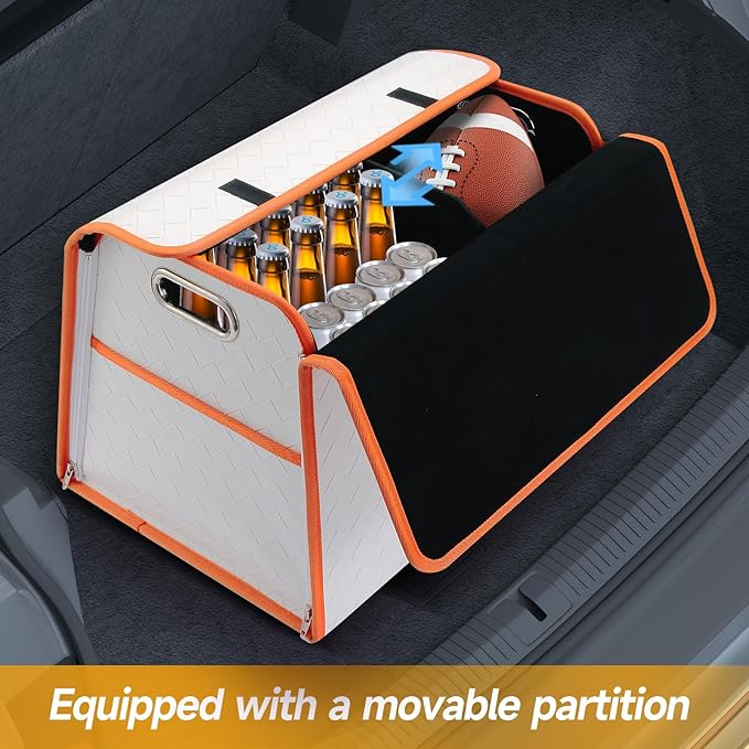 Homeve Trunk Organizer, Waterproof, Collapsible, 2 Compartments Car Organizer, Foldable Storage for Car Accessories, Tools, Women, Men (White+Orange, Standard)