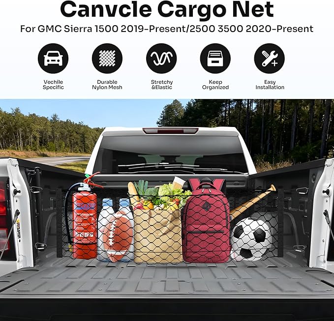 Canvcle Truck Bed Cargo Net for 2019-2025 2026 GMC Sierra 1500/2020-2026 Chevy Silverado 2500 3500 Accessories Envelope Style Mesh Trunk Net Organizer and Storage Stretchable Nylon Rear Cargo Netting