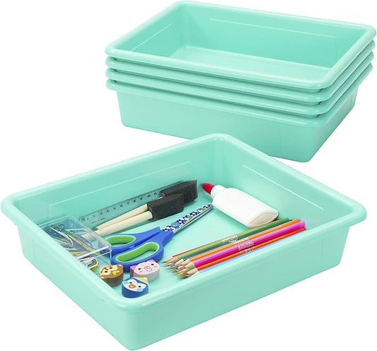 Storex Letter Size Flat Storage Tray – Organizer Bin for Classroom, Office and Home, Teal, 5-Pack (62522A05C), 10 x 13 x 3 Inches