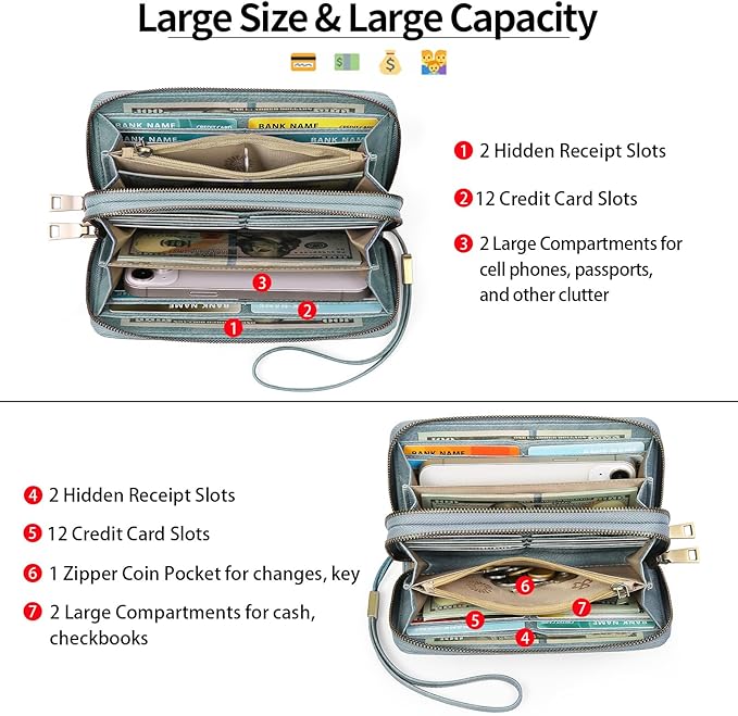 GAEKEAO Wallet for Women Clutch RFID Blocking Wristlet Leather Purse Large Capacity Credit Card Holder with Grip Hand Strap