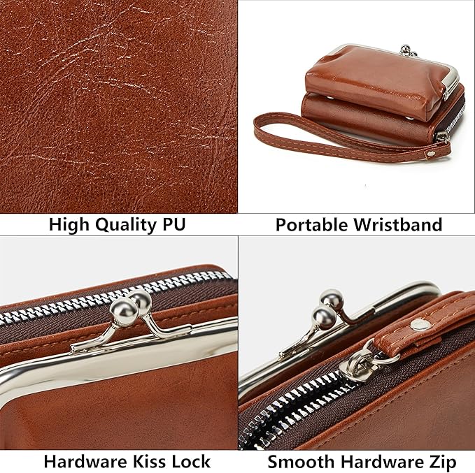 2 in 1 Credit Wallet, Purse Wallets for Women, Ladies Coin Pouch With Card Slot, Women's Vintage Change Holder with Kiss Lock and Zipper Lanyard (PU Brown, Small)