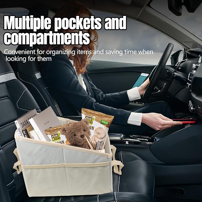 Hovom Car Organizer, Automotive Passenger Seat Organizer, Car Caddy with Multiple Compartments & Pockets, Collapsible Small Vehicle Storage Organizers for Front and Back Seat, Trunk, Floor (Beige)