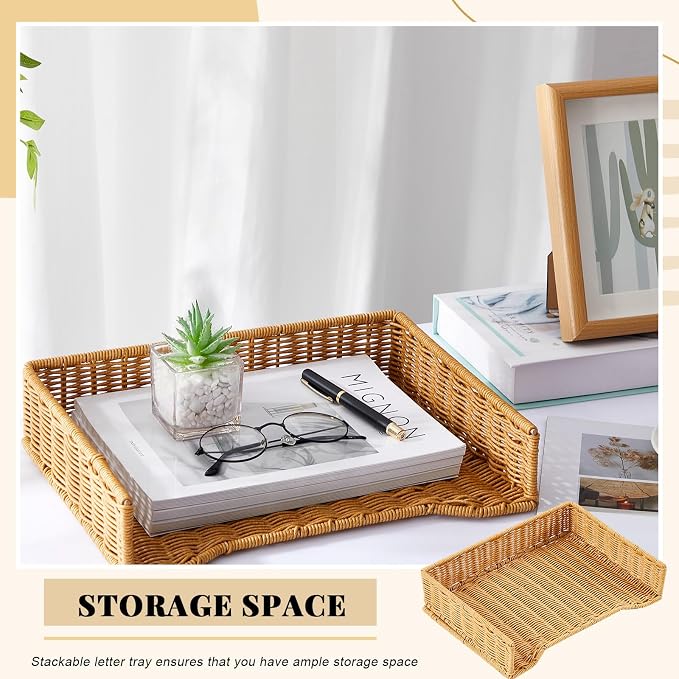 Yeaqee 2 Pcs Paper Tray Organizer for Desk Woven Letter File Organizer A4 File Tray Desk Paper Basket Letter Size Imitation Rattan Holder Organization Rack for Office Storage(Brown,Wheat Ear Pattern)