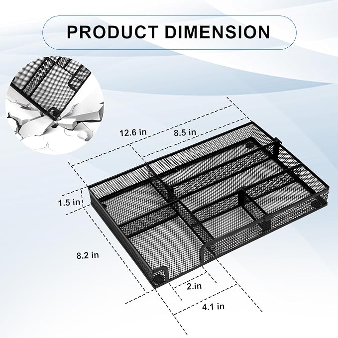 Desk Drawer Organizer Tray with 2 Adjustable Compartments, Metal Mesh Drawer Organizer, Multifunctional Desktop Drawer Organizer Organizer Set for Office, Home and School Supplies, 2.6x8.26x1.57 in