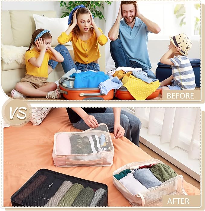Silkfly 12 Pcs Packing Cubes for Suitcase Travel Luggage Bags Bulk Mesh Organizer Set for Hiking Camping, XL, L, M Size(Beige, Black)