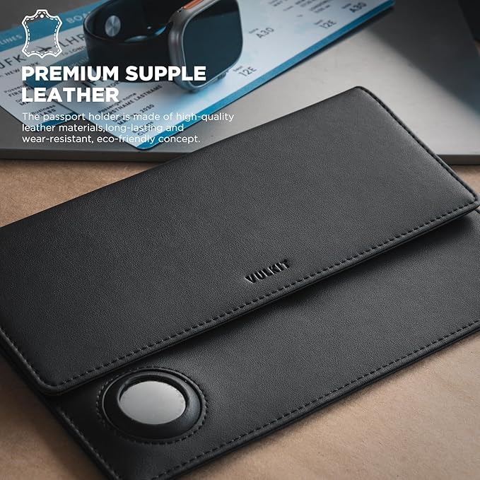 VULKIT Family Passport Holder for 4 Leather Passport Wallet with Airtag Slot Multiple Passport Holder RFID Blocking Bifold Travel Documents Organizer