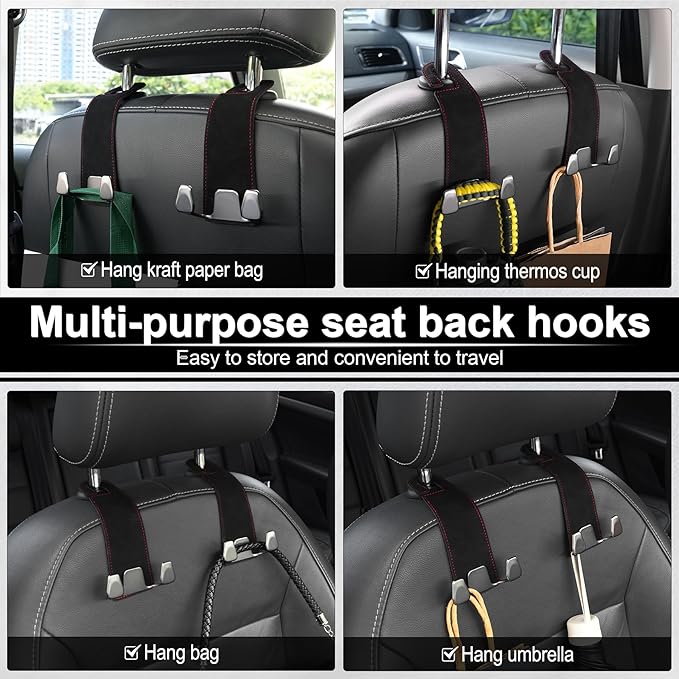 GaRhomxy Car Seat Headrest Hook, Premium Suede Double Hook 2 Pack, Universal Hanging Accessories for Purse, Bag, Groceries - Car Interior Accessories (Black)