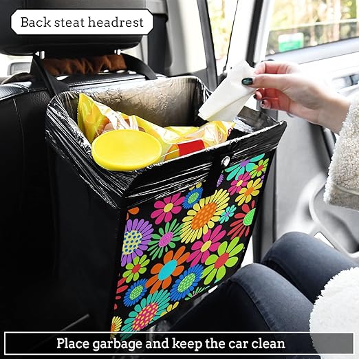 Hippie Flower Car Trash Can Foldable Hanging Car Trash Bag Bin Floral Daisy Colorful Auto Garbage Can Leak-Proof Car Organizer(Large)