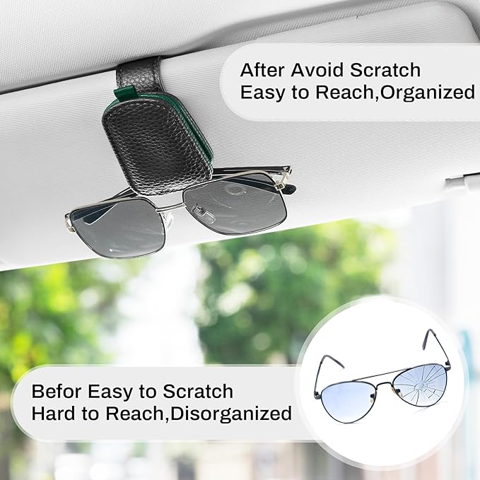 SINGARO Sunglasses Holder for Car, Leather Magnetic Buckle Sun Visor Sunglass Clip, Ticket Card Storage Glasses Clip, Car Interior Accessories for Men and Women（Black-Green）