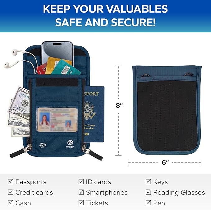 Travel Neck Wallet – Travel pouch and RFID Blocking Passport Holder for Women and Men - Slim Travel Wallet to Keep Your Cash, Passport, Credit Cards Safe. (Navy)