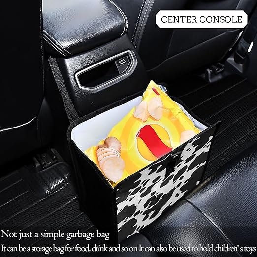 Black White Cow Car Trash Can, Animal Skin Print Foldable Hanging Car Trash Bag, Small Waterproof Car Accessories Garbage Bin