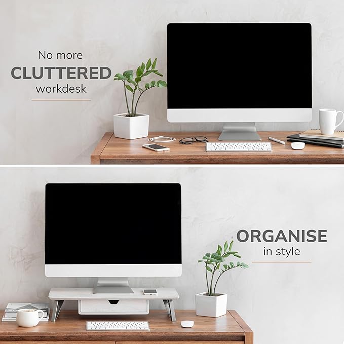 Anji Mountain Monitor Stand - Desktop Organizer & Laptop Riser, Ergonomic Monitor Riser, Space-Saving Monitor Stand for Desk, Durable Construction, Easy Assembly, Ideal for Home & Office,White Wash