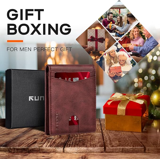 RUNBOX Wallet for Men Slim Leather Bifold RFID Blocking Minimalist Front Pocket Design with Gift Box