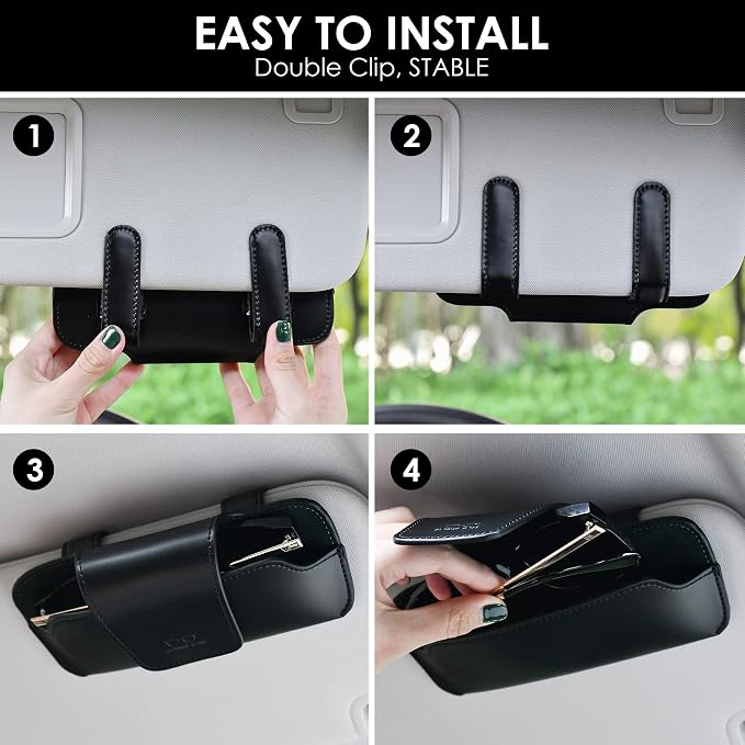Sunglass Holder for Car Visor, Car Sunglasses Holder Leather, Eyeglasses Holder Glasses Storage Case Visor Accessories