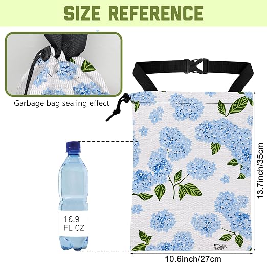 Car Trash Bag Blue Hydrangeas Floral Hanging Drawstring Car Organizer and Storage Bag with Adjustable Buckle Canvas Garbage Bin for Back Seat or Hanging Headrest Road Trip Essentials