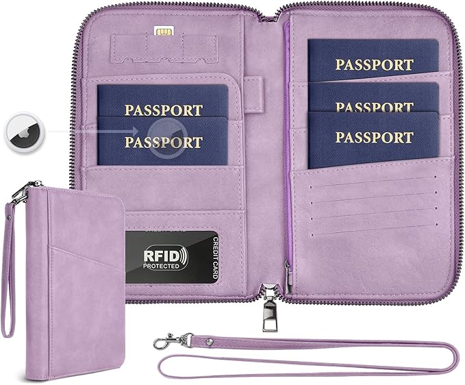 Family Passport Holder Wallet RFID Travel Document Organizer for Women Men, Portable Case Cover for Cards, Boarding Pass with Wrist & Neck Double Strap, Travel Christmas Gifts (Purple, 1pack)