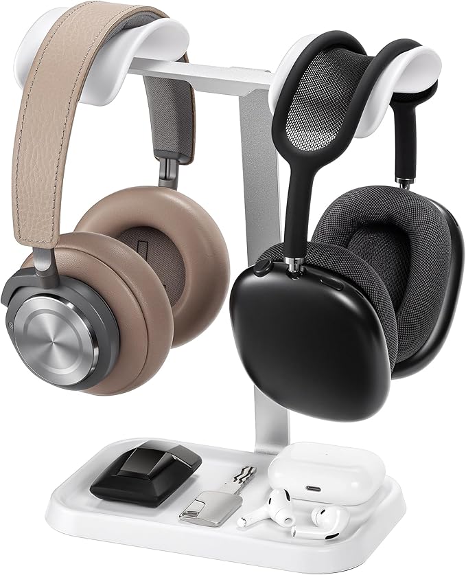 Dual Headphone Stand, Double Balanced Headset Stand with Storage Tray, Heavy Base Gaming Headset Holder for Desk (White)