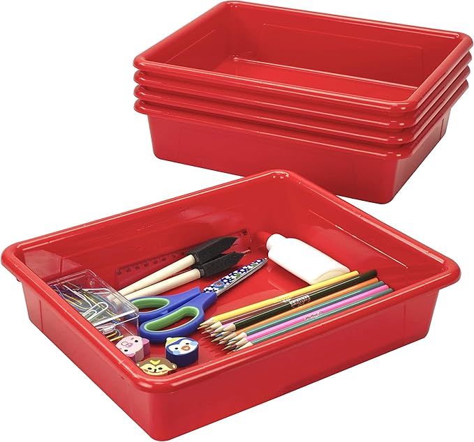 Storex Letter Size Flat Storage Tray – Organizer Bin for Classroom, Office and Home, Red, 5-Pack (62518A05C),10 x 13 x 3 Inches