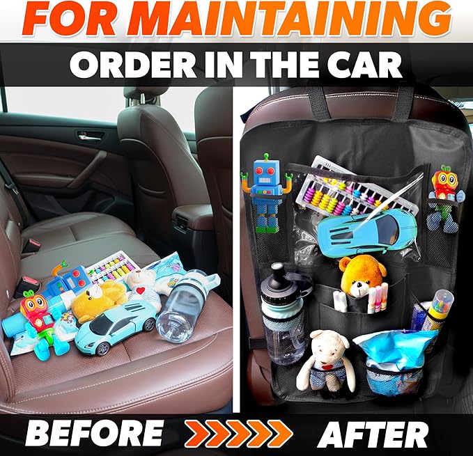 2 Pcs Backseat Car Organizer - Travel-Ready 23.4x16" Back Seat Car Organizer with 9 Large Pockets & Clear Tablet Holder, Made of Reliable Polyester with Long and Strong Straps - Easy to Attach & Clean
