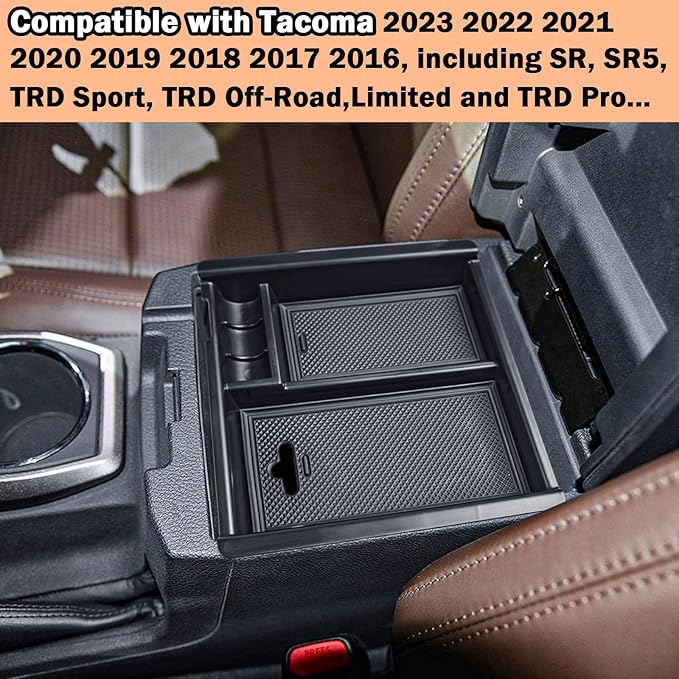 TACOBRO Center Console Organizer Compatible with Toyota Tacoma Accessories 2016 2017 2018 2019 2020 2021 2022 2023, Interior Armrest Insert Tray Underseat Storage Box, Black Trim
