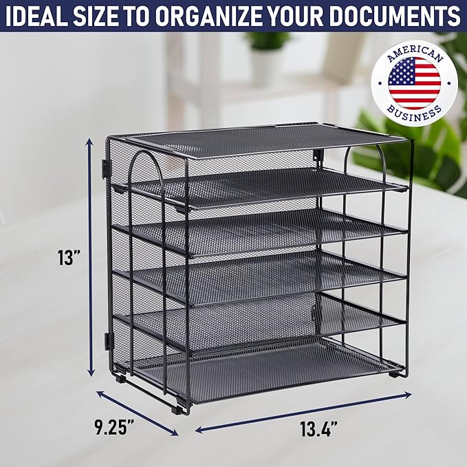 Desk Organizer Tray, Letter Tray in Black Metal Mesh for Organizing Files, Papers, Bills, Folders, Letters, and Binders. Desktop Paper Rack for Home, Office, or School (5 Tier - New)