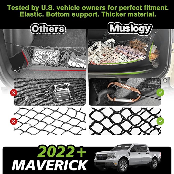 Muslogy Truck Bed Cargo Net Trunk Netting Compatible with 2022-2025 2026 Ford Maverick (V2) Accessories, Pickup Cargo Organizer SUV Sedan Storage Net w/Heavy Duty Carabiners