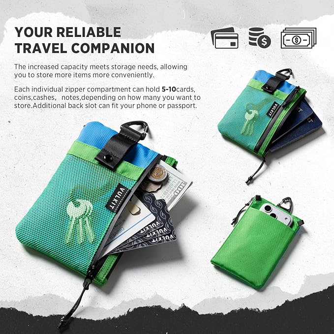 VULKIT RFID Blocking Travel Wallet for Men Women, Water Resistant Passport & Phone Holder with Detachable Lanyard and Key Ring, Lightweight Zipper Travel Wallet