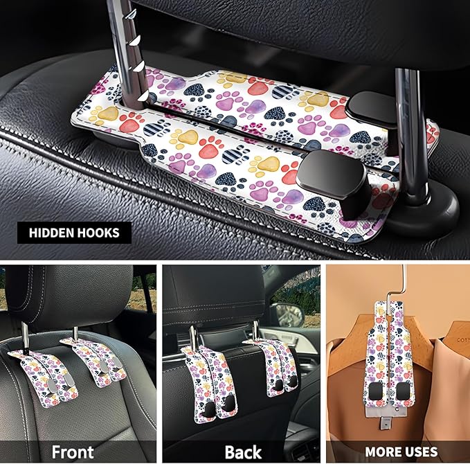 Car Seat Headrest Hook, Universal Leather Cute Hanger Holder Hook, Storage Organizer Interior Accessories for Purse Bags Handbag Cute Colorful Dog Paws
