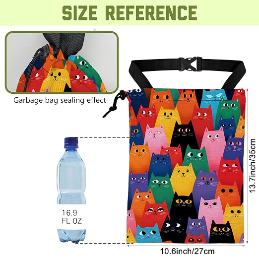 Car Trash Bag Abstract Colorful Cartoon Cats Hanging Drawstring Car Organizer and Storage Bag with Adjustable Buckle Canvas Garbage Bin for Back Seat or Hanging Headrest Road Trip Essentials