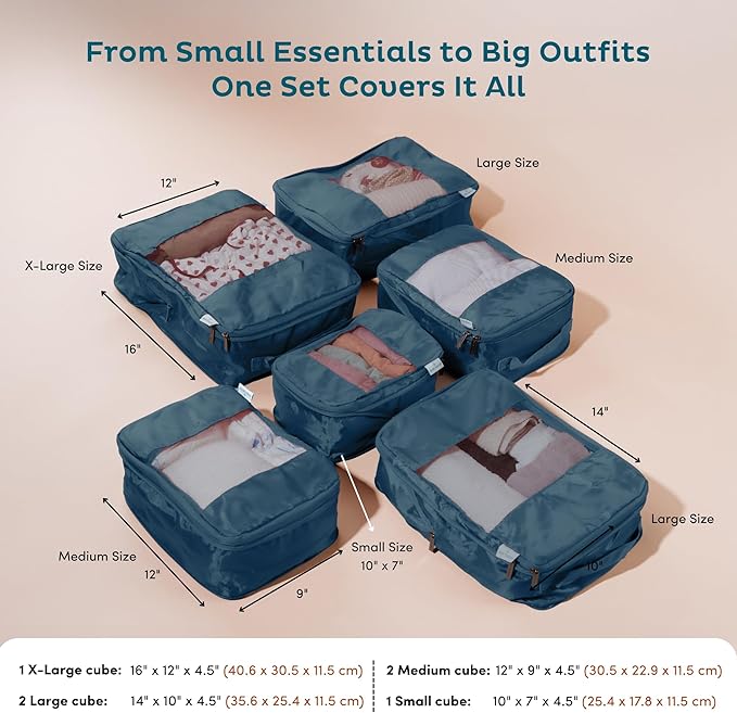 6-Pack Large Compression Packing Cubes for Travel - Lightweight Compression Packing Cube Set, Water-Resistant Luggage Organizer Bags & Suitcase Organizers, Travel Cubes for Carry-On, Checked Luggage