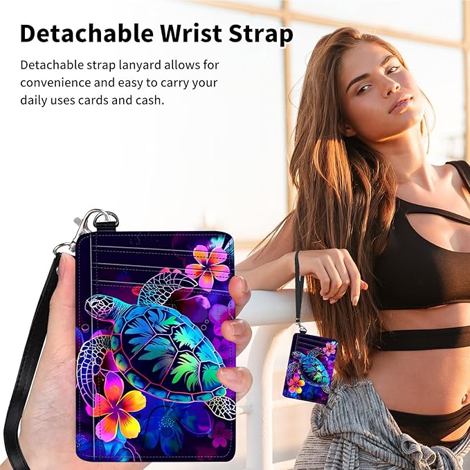 Slim Minimalist Front Pocket Wallet,Credit Card Holder Wallet for Women Men,RFID Blocking Credit Card Holder Case Leather Cute Small Thin Wallet ID Window&Wrist Strap,Glitter Sea Turtle