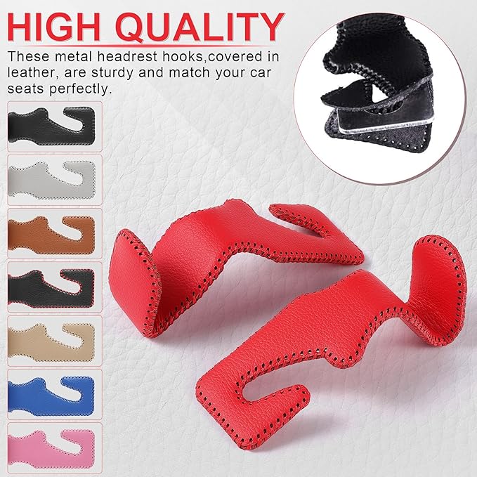 LivTee Red Superior Leather Car Seat Back Headrest Hook, Auto Seat Hook Hangers Interior Accessories for Purse Coats Umbrellas Grocery Bags Handbag, 2-Pack