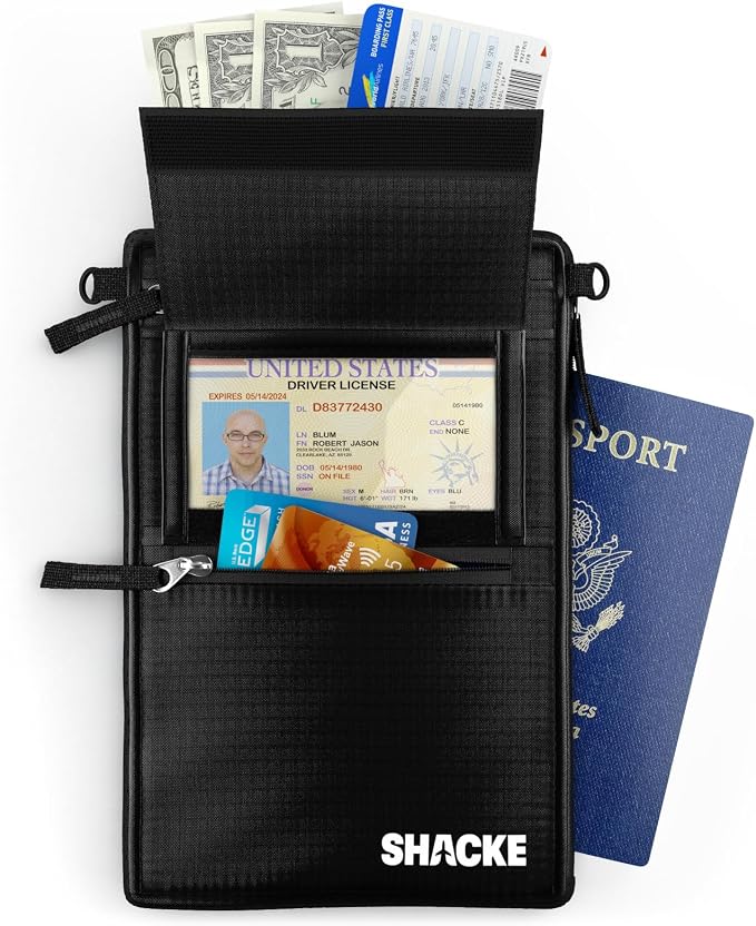 Shacke Hidden Travel 2 in 1 Belt Wallet Black Neck/Belt Hybrid Wallet w/RFID Blocker - Neck Pouch Passport Holder