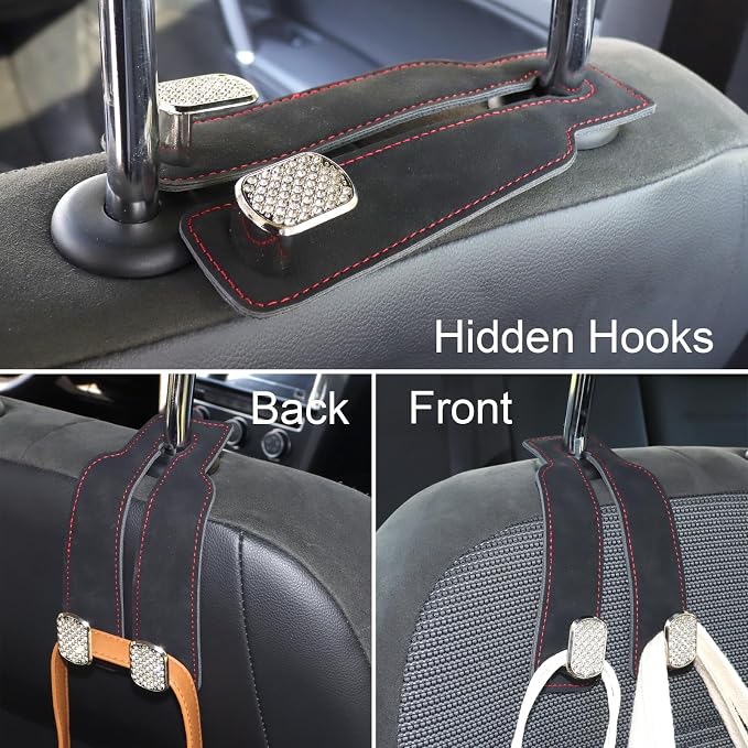 Car Seat Hooks for Headrest, Purse Hook & Back Storage Hook, Zinc Alloy & Suede Material Heavy Duty Car Hooks for Purses and Bags,Universal Fit for Most Vehicles (Black Bling Diamond-2 Pack)